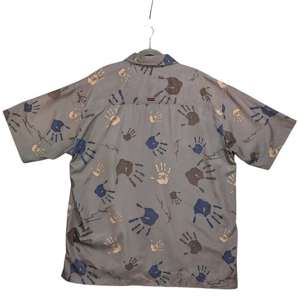 Vintage FUBU Mens XXL Button Up Shirt Gray Short Sleeve Hand Print Graphic - Picture 2 of 8